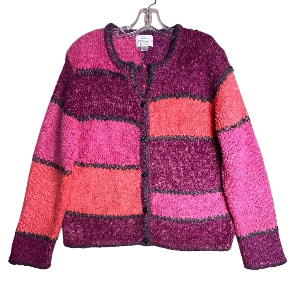 Christopher & Banks Vtg Mohair Blend Colorblock Cardigan Sz L Pink Purple Y2K EC - Picture 2 of 12